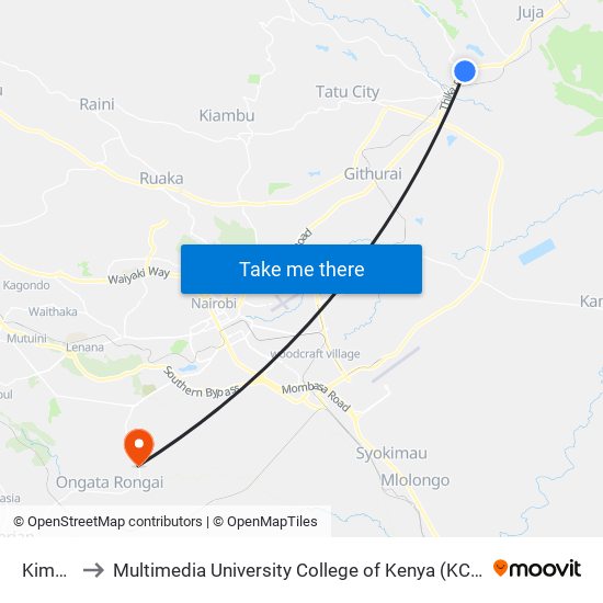 Kimbo to Multimedia University College of Kenya (KCCT) map