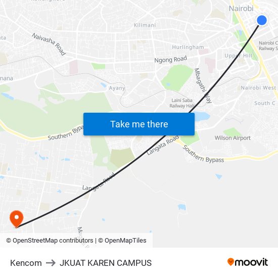Kencom to JKUAT KAREN CAMPUS map