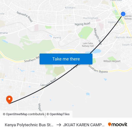 Kenya Polytechnic Bus Stop to JKUAT KAREN CAMPUS map