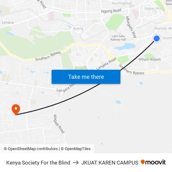 Kenya Society For the Blind to JKUAT KAREN CAMPUS map