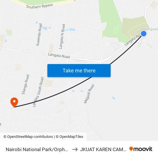 Nairobi National Park/Orphanage to JKUAT KAREN CAMPUS map