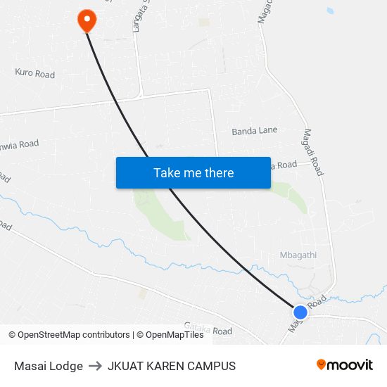 Masai Lodge to JKUAT KAREN CAMPUS map