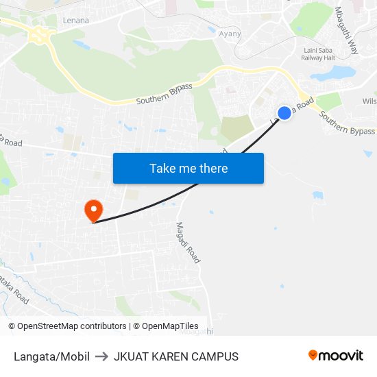 Langata/Mobil to JKUAT KAREN CAMPUS map