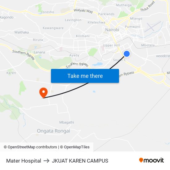 Mater Hospital to JKUAT KAREN CAMPUS map