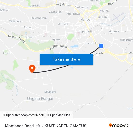 Mombasa Road to JKUAT KAREN CAMPUS map