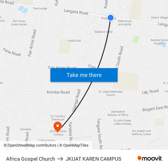 Africa Gospel Church to JKUAT KAREN CAMPUS map