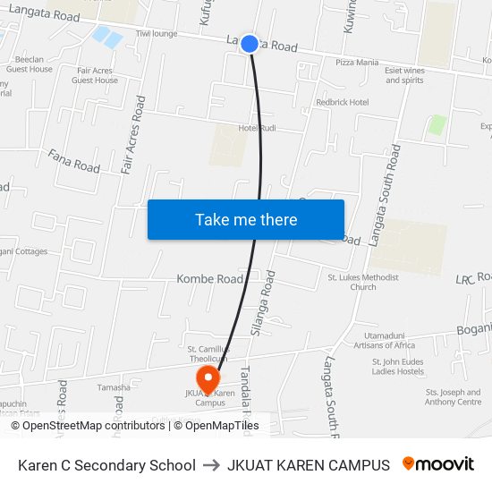 Karen C Secondary School to JKUAT KAREN CAMPUS map