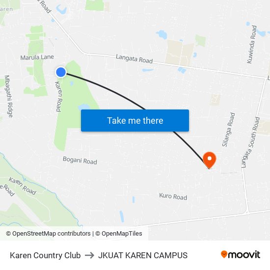 Karen Country Club to JKUAT KAREN CAMPUS map