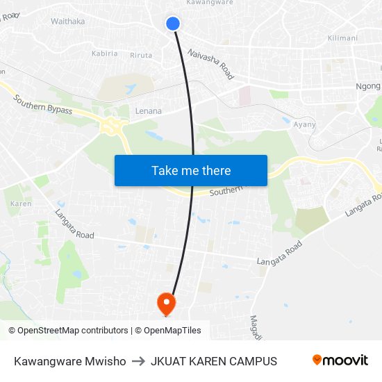 Kawangware Mwisho to JKUAT KAREN CAMPUS map