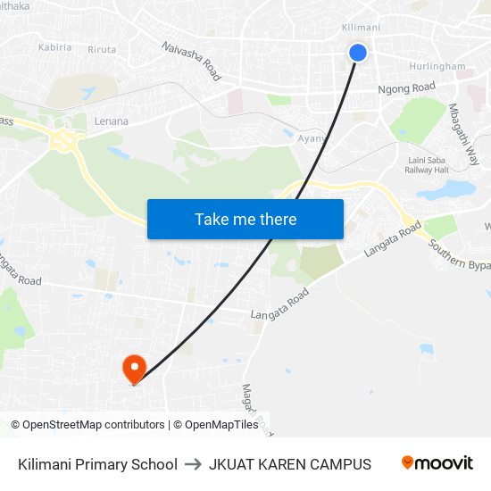 Kilimani Primary School to JKUAT KAREN CAMPUS map