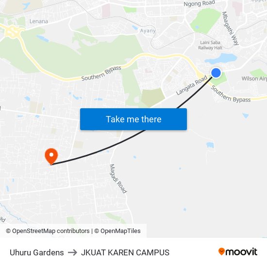 Uhuru Gardens to JKUAT KAREN CAMPUS map