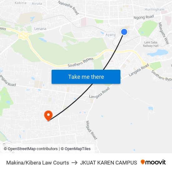 Makina/Kibera Law Courts to JKUAT KAREN CAMPUS map