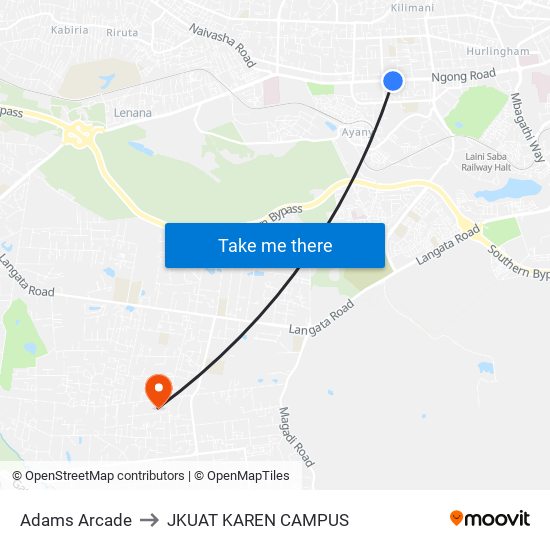 Adams Arcade to JKUAT KAREN CAMPUS map