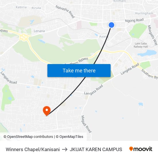 Winners Chapel/Kanisani to JKUAT KAREN CAMPUS map