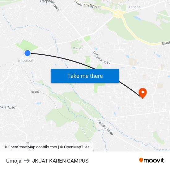 Umoja to JKUAT KAREN CAMPUS map