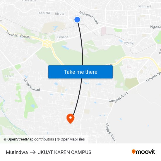 Mutindwa to JKUAT KAREN CAMPUS map