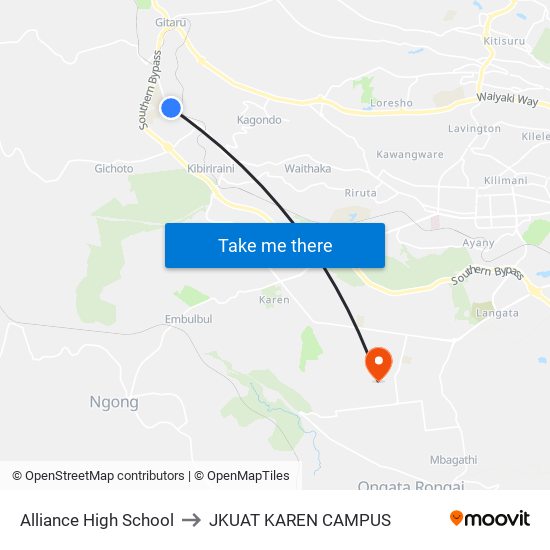 Alliance High School to JKUAT KAREN CAMPUS map