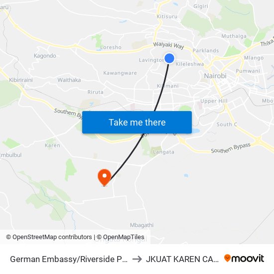 German Embassy/Riverside Paddocks to JKUAT KAREN CAMPUS map