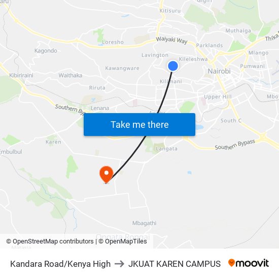 Kandara Road/Kenya High to JKUAT KAREN CAMPUS map