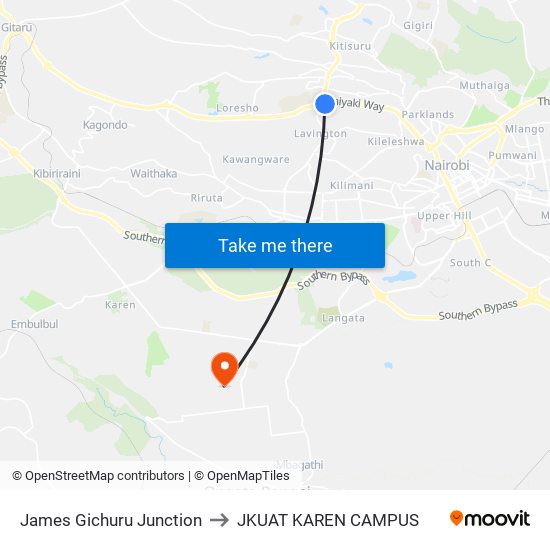 James Gichuru Junction to JKUAT KAREN CAMPUS map