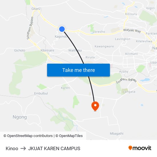 Kinoo to JKUAT KAREN CAMPUS map