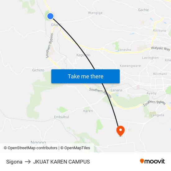 Sigona to JKUAT KAREN CAMPUS map