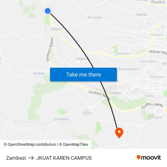 Zambezi to JKUAT KAREN CAMPUS map