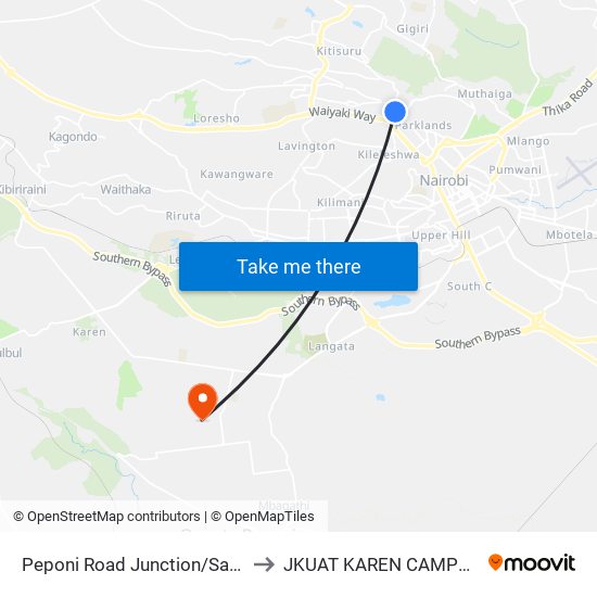 Peponi Road Junction/Sarit to JKUAT KAREN CAMPUS map