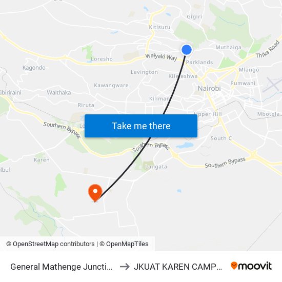 General Mathenge Junction to JKUAT KAREN CAMPUS map