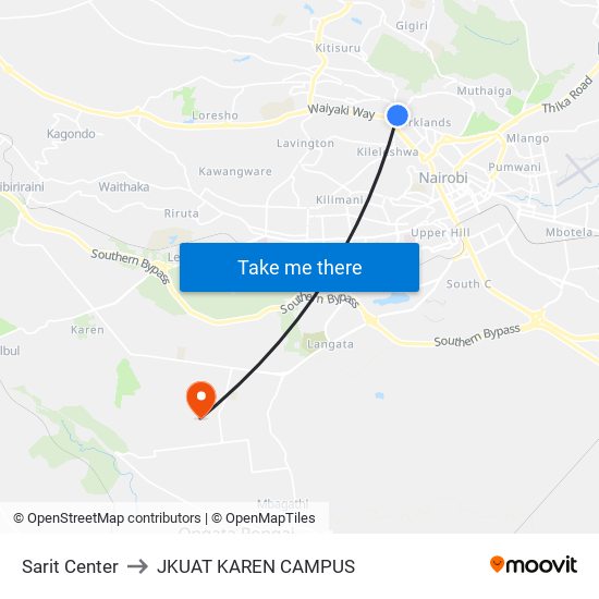 Sarit Center to JKUAT KAREN CAMPUS map