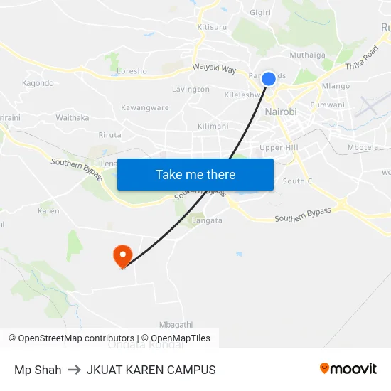 Mp Shah to JKUAT KAREN CAMPUS map