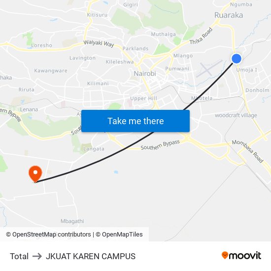 Total to JKUAT KAREN CAMPUS map