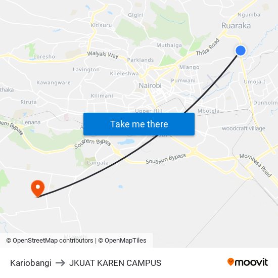 Kariobangi to JKUAT KAREN CAMPUS map