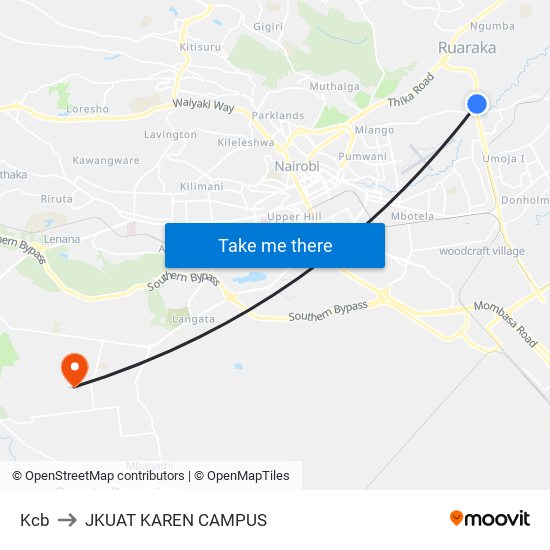 Kcb to JKUAT KAREN CAMPUS map