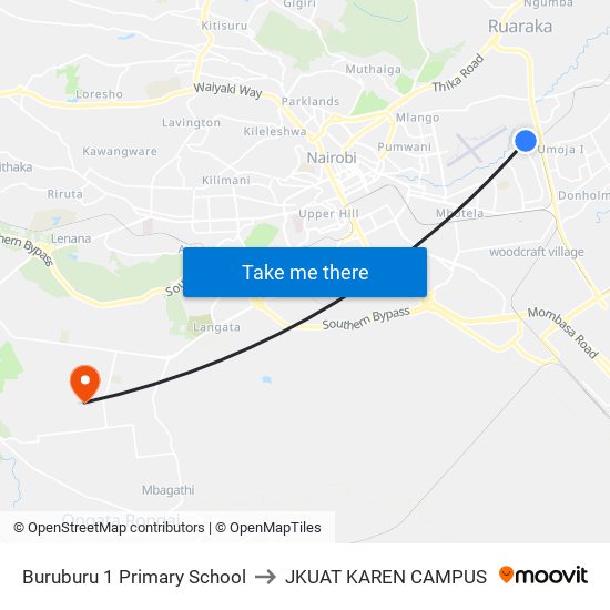 Buruburu 1 Primary School to JKUAT KAREN CAMPUS map