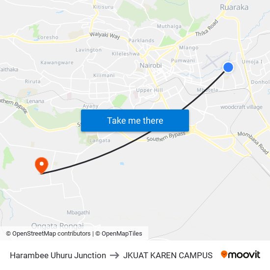Harambee Uhuru Junction to JKUAT KAREN CAMPUS map
