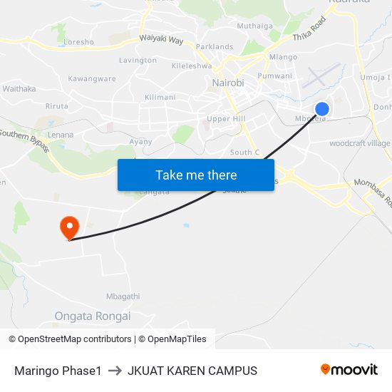 Maringo Phase1 to JKUAT KAREN CAMPUS map