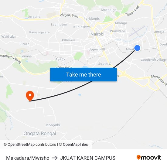 Makadara/Mwisho to JKUAT KAREN CAMPUS map