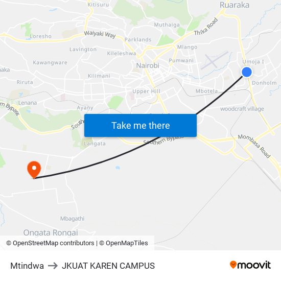 Mtindwa to JKUAT KAREN CAMPUS map