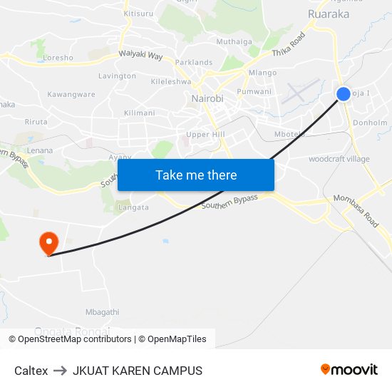 Caltex to JKUAT KAREN CAMPUS map