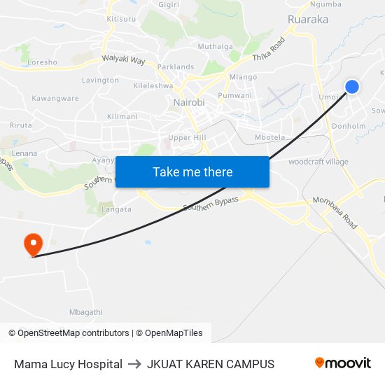 Mama Lucy Hospital to JKUAT KAREN CAMPUS map