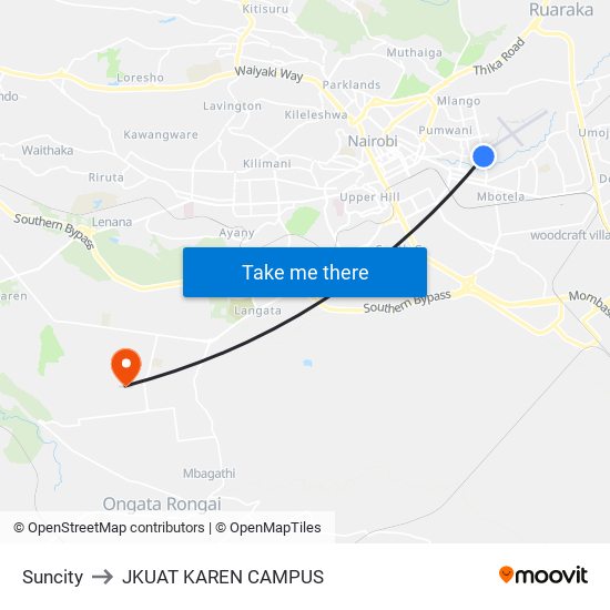 Suncity to JKUAT KAREN CAMPUS map