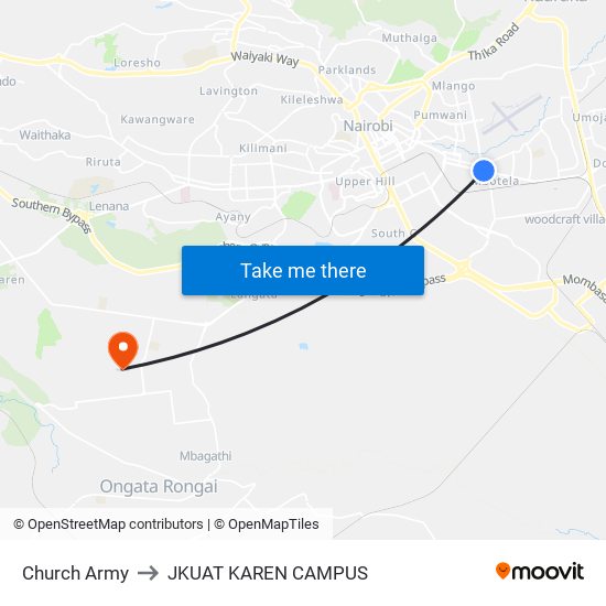 Church Army to JKUAT KAREN CAMPUS map