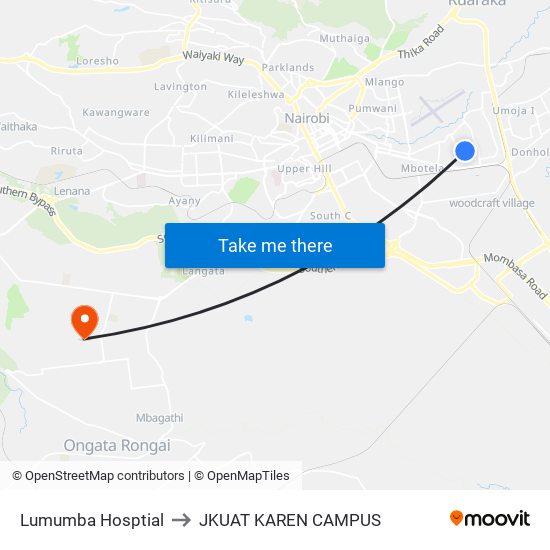 Lumumba Hosptial to JKUAT KAREN CAMPUS map