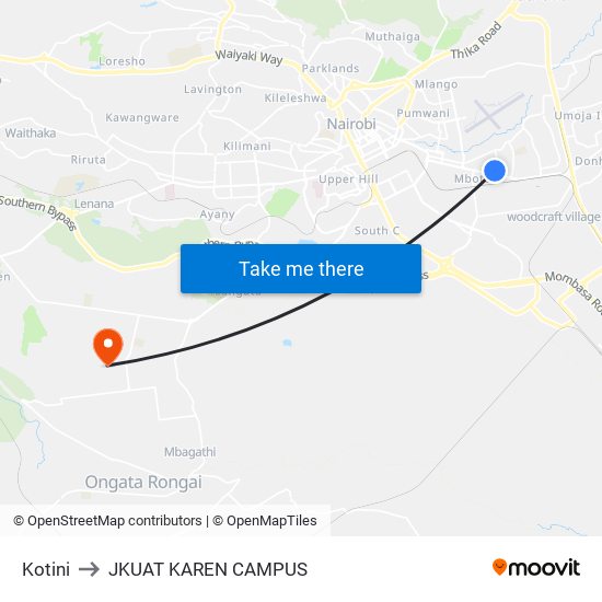 Kotini to JKUAT KAREN CAMPUS map