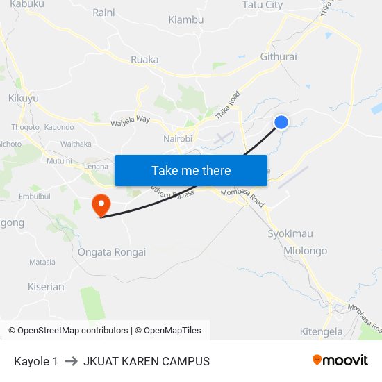 Kayole 1 to JKUAT KAREN CAMPUS map