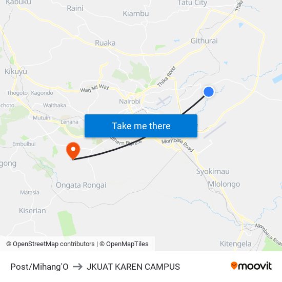 Post/Mihang'O to JKUAT KAREN CAMPUS map