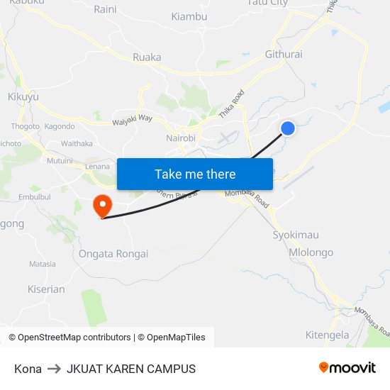 Kona to JKUAT KAREN CAMPUS map