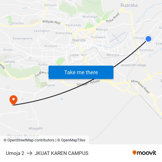 Umoja 2 to JKUAT KAREN CAMPUS map