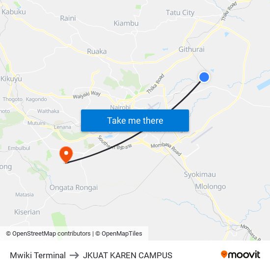 Mwiki Terminal to JKUAT KAREN CAMPUS map